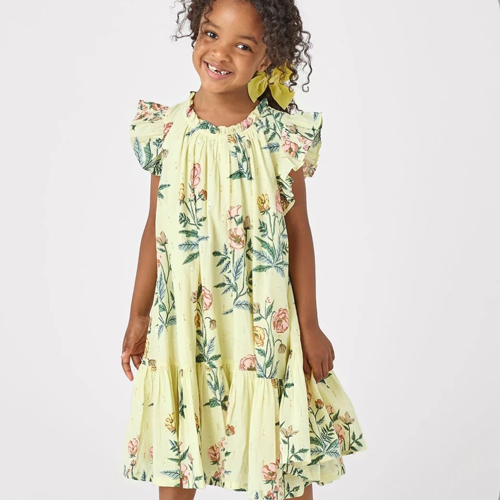 Pink Chicken Pale yellow Floral Ruffle-Sleeve Harper Dress